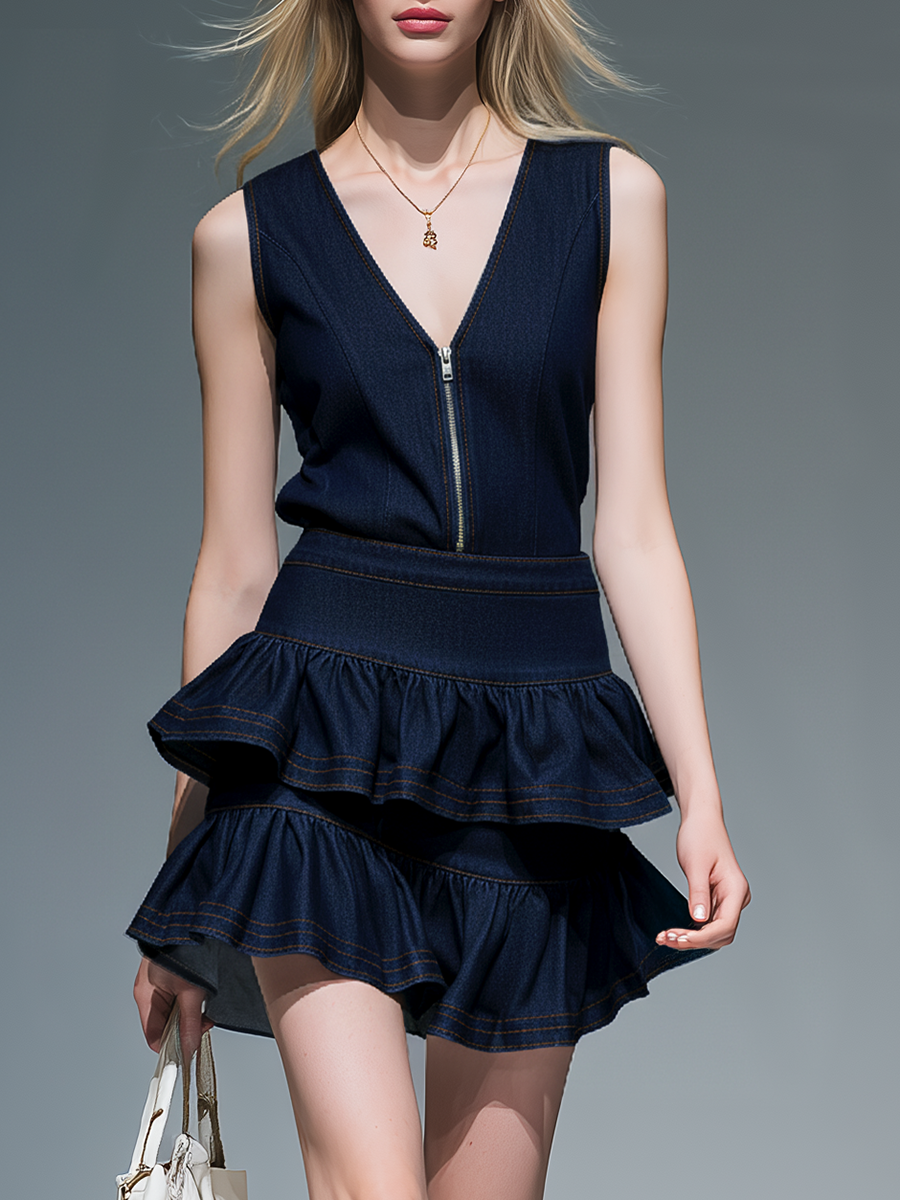 Stylish And Beautiful V-neck Zip-up Sleeveless Top And Ruffled Skirt Set