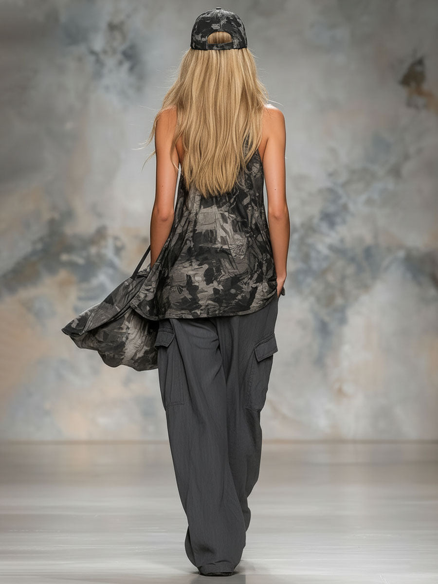 Vintage-style Printed Sleeveless Top And Pants Set