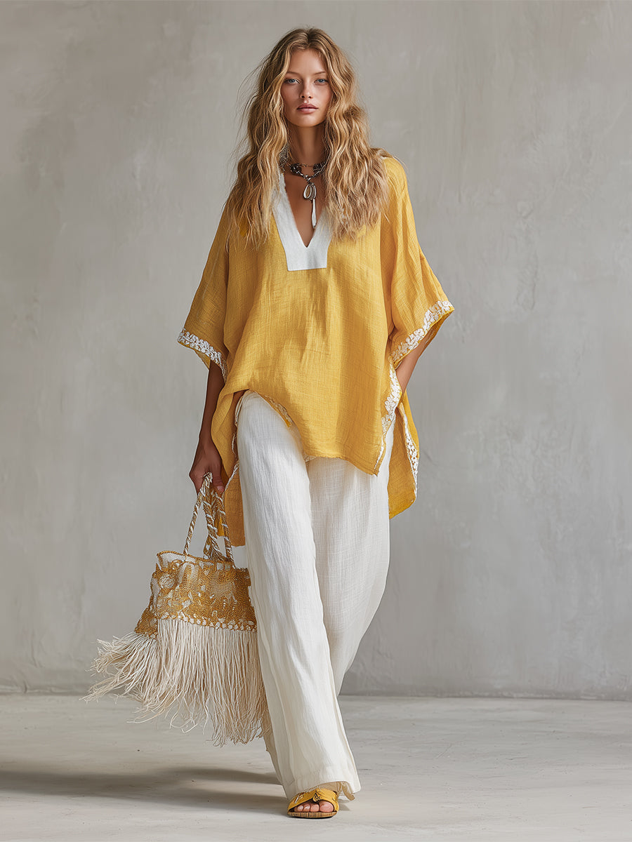 Minimalist Urban Style Color-blocked Cotton And Linen T-shirt And Wide-leg Pants Set