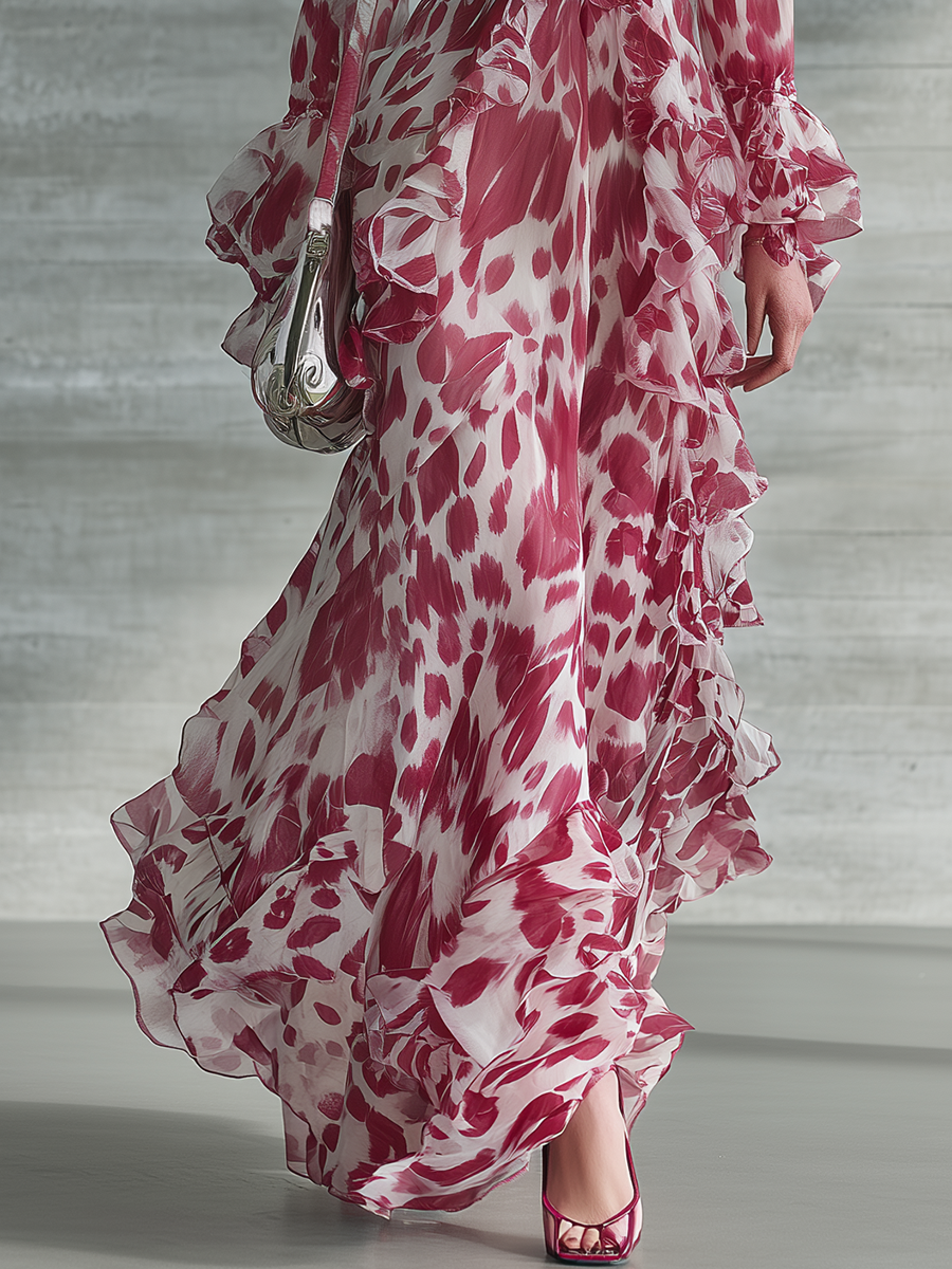 Romantic Bohemian Print Ruffle V-neck Maxi Dress