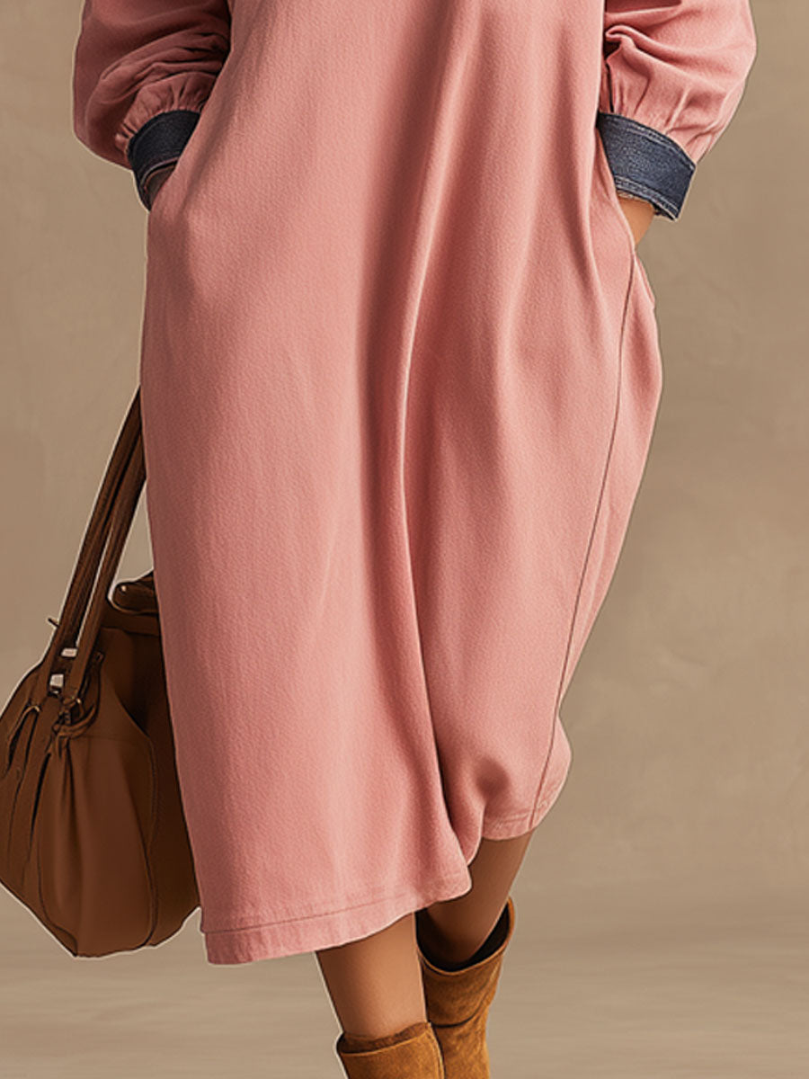 Casual Retro Pink And Blue Denim Long-sleeved Half-zip Midi Dress