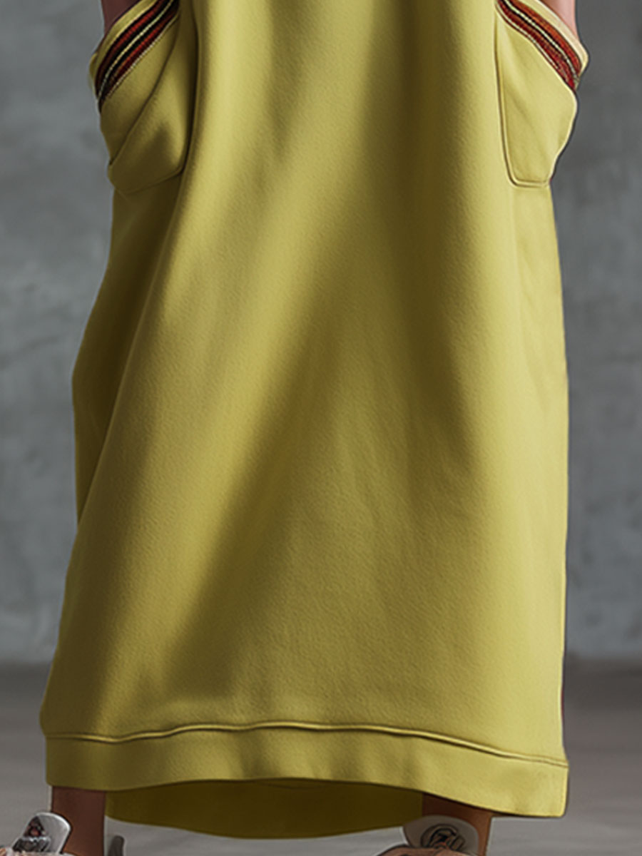 Sporty Retro-style Woven Yellow-green Slit Sleeveless Maxi Dress