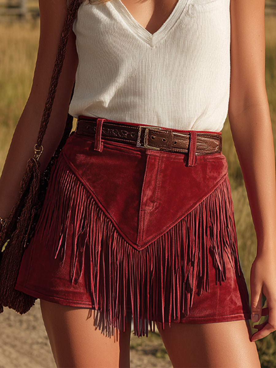 Western-style Retro Burgundy Faux Suede Tassel Shorts