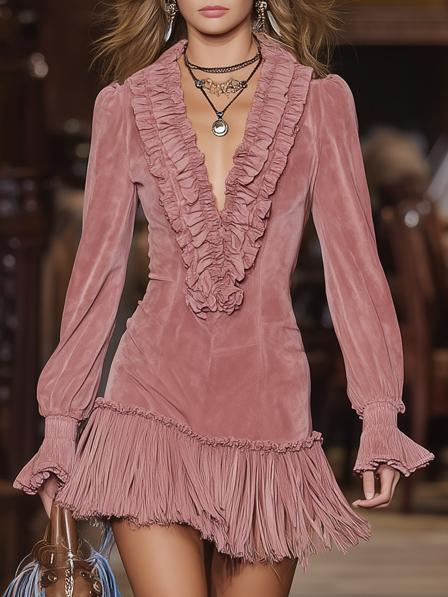 Western-style Pink Faux Suede With Ruffled Trim And Tassels Mini Dress