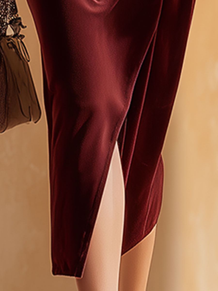 Retro Elegant Burgundy V-neck Midi Dress