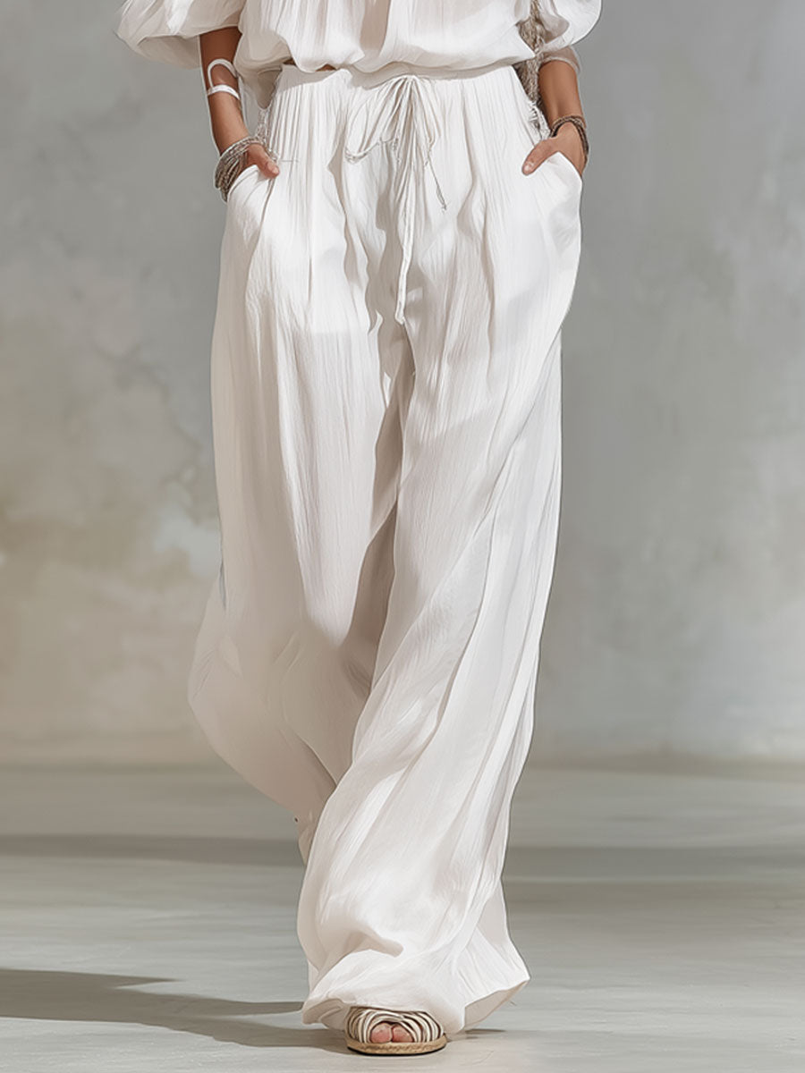 Square-neck Off-the-shoulder Lace Puff-sleeve Top And Pants Set