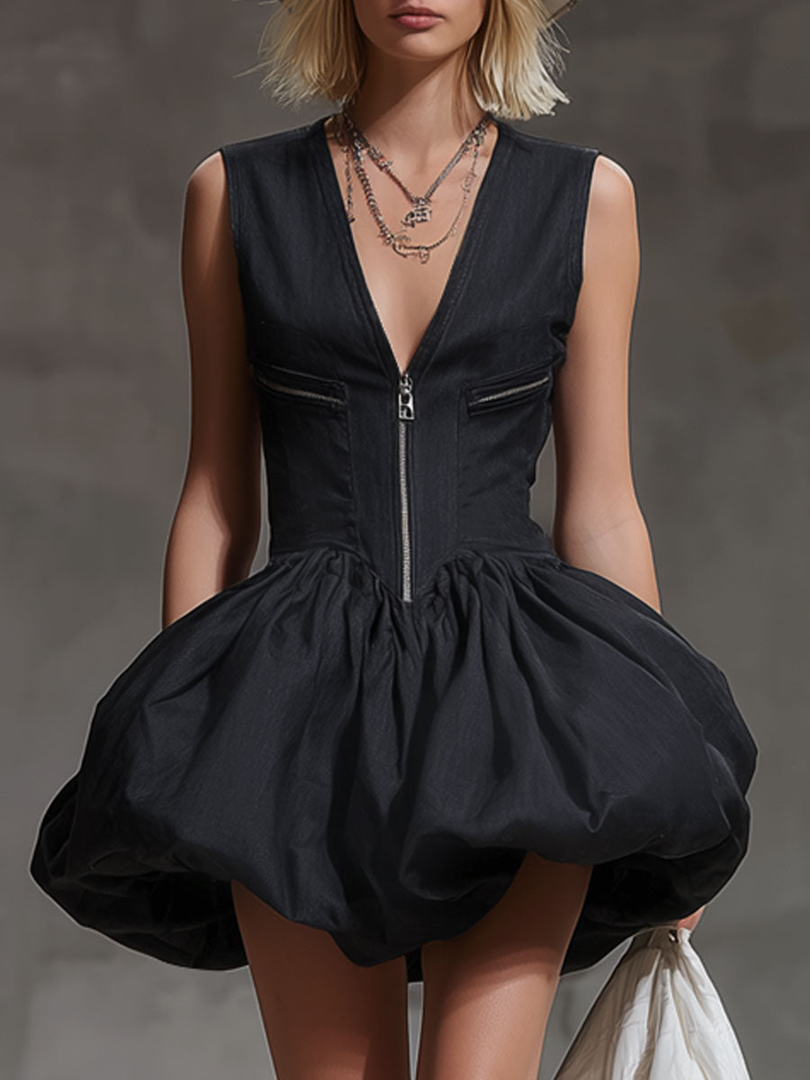 V-neck Zippered Sleeveless Cotton And Linen Mini Dress