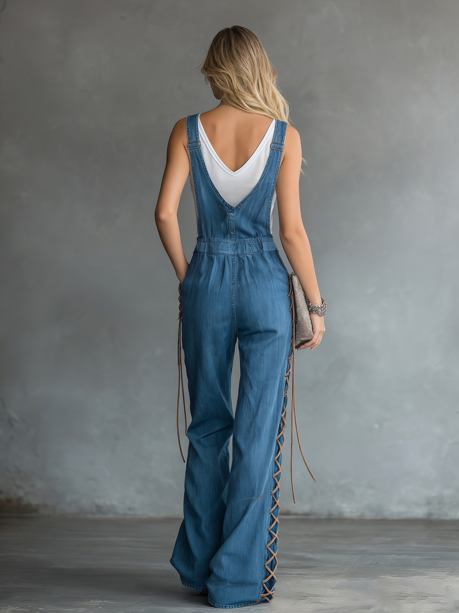 Retro-chic Casual V-neck Drawstring Wide-leg Denim Overalls