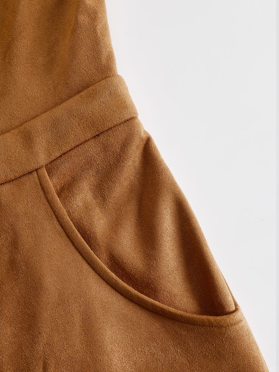 Western Retro Light Brown Faux Suede Zipper Tassel Long-Sleeved Jumpsuit