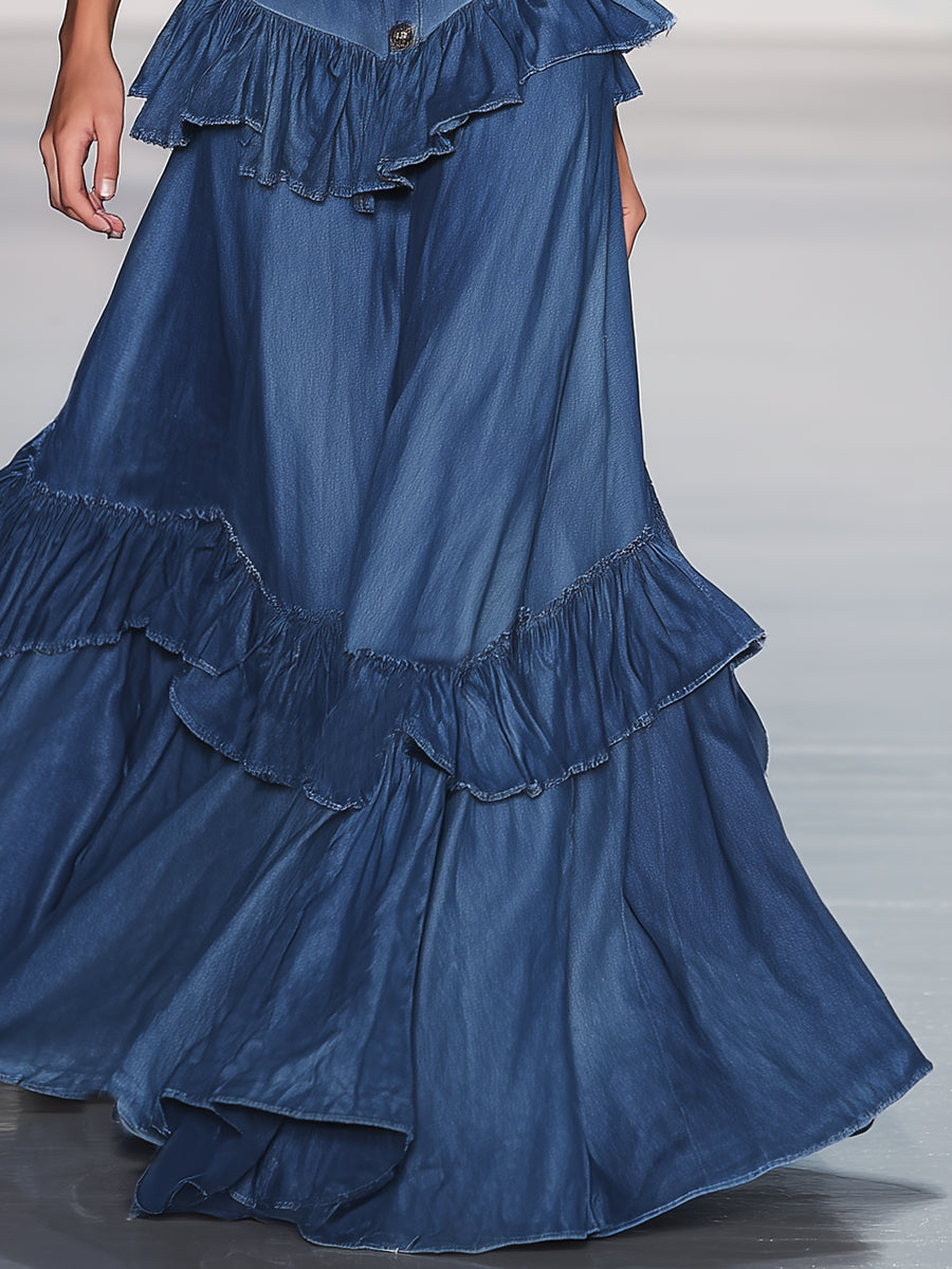 Elegant And Stylish Ruffle Trim Denim Skirt