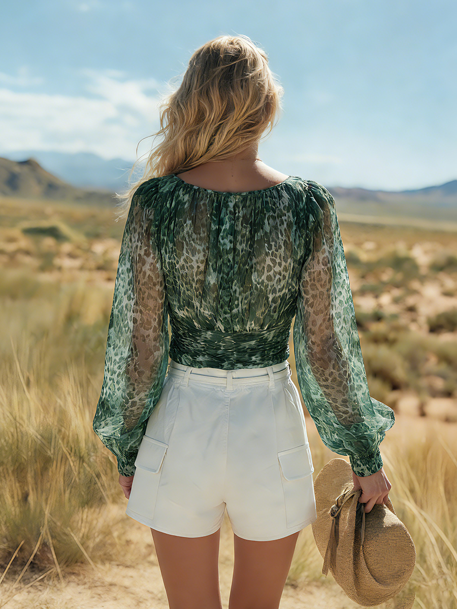 Western Bohemian Style V-neck Long-sleeved Printed Chiffon Top And Denim Shorts Set