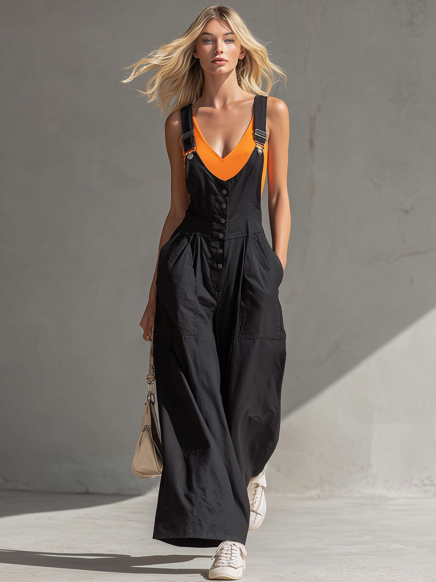 Retro-chic Casual Black Button V-neck Wide-leg Overalls