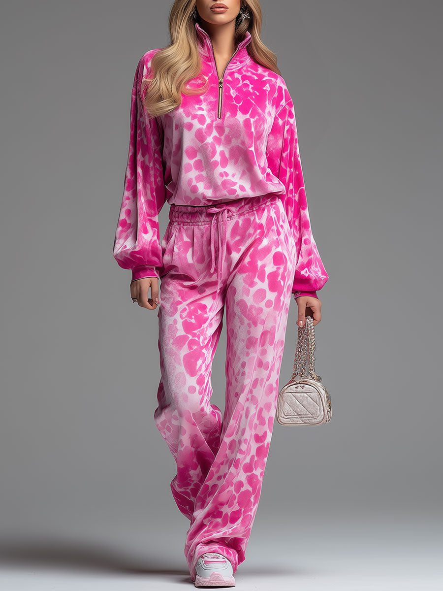 Stylish And Casual Pink Velvet Printed Top And Pants Set
