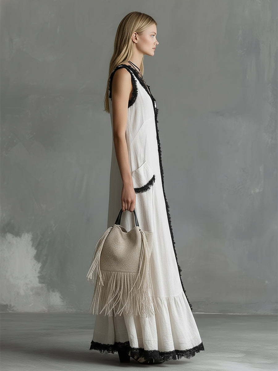 Elegant Urban Style Lace-trimmed White Cotton And Linen Sleeveless Maxi Dress