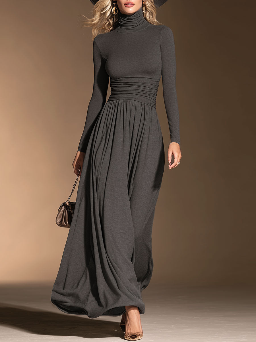 Stylish And Casual Grey High-neck Cotton Maxi Dress