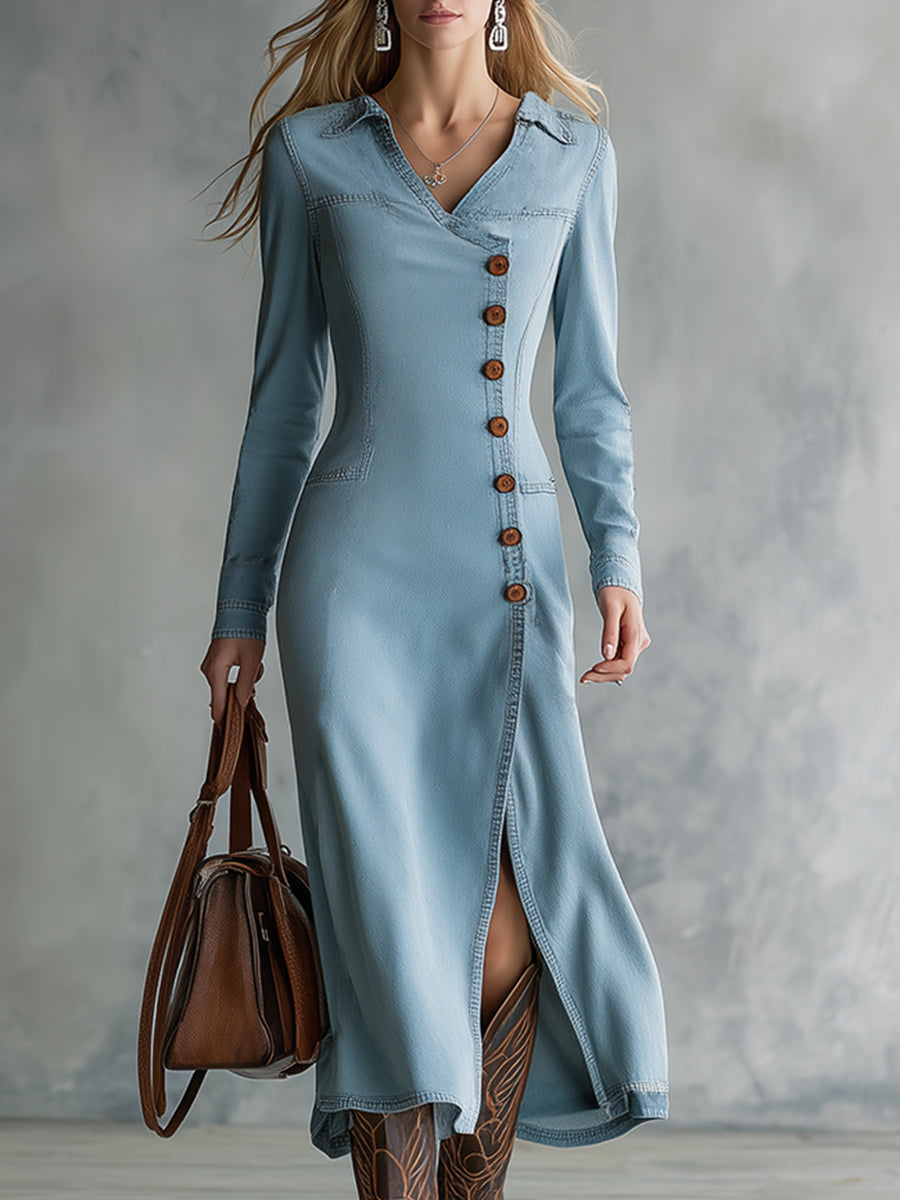 Retro Light Blue Denim Slanted Button V-neck Maxi Dress