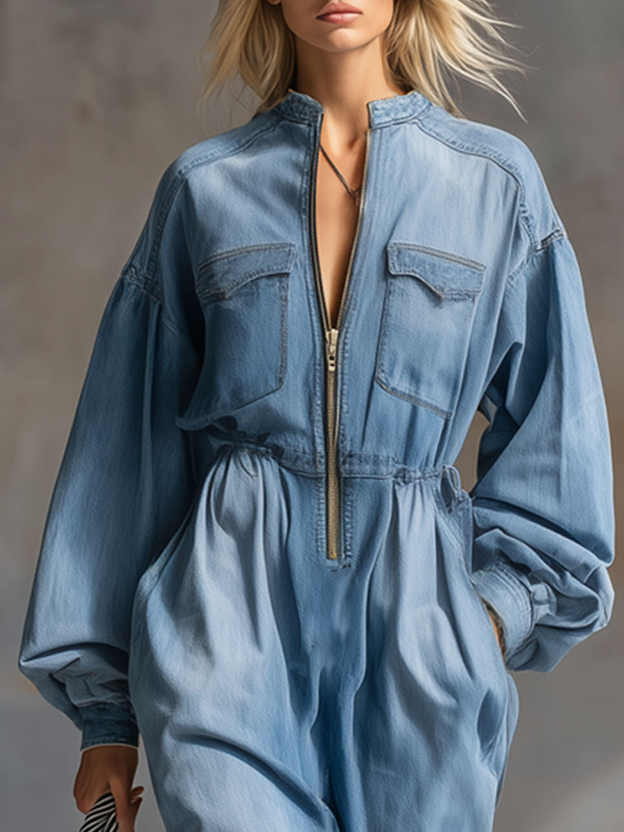 Loose-fitting Stand-up Collar Zippered Multi-pocket Denim Midi Dress