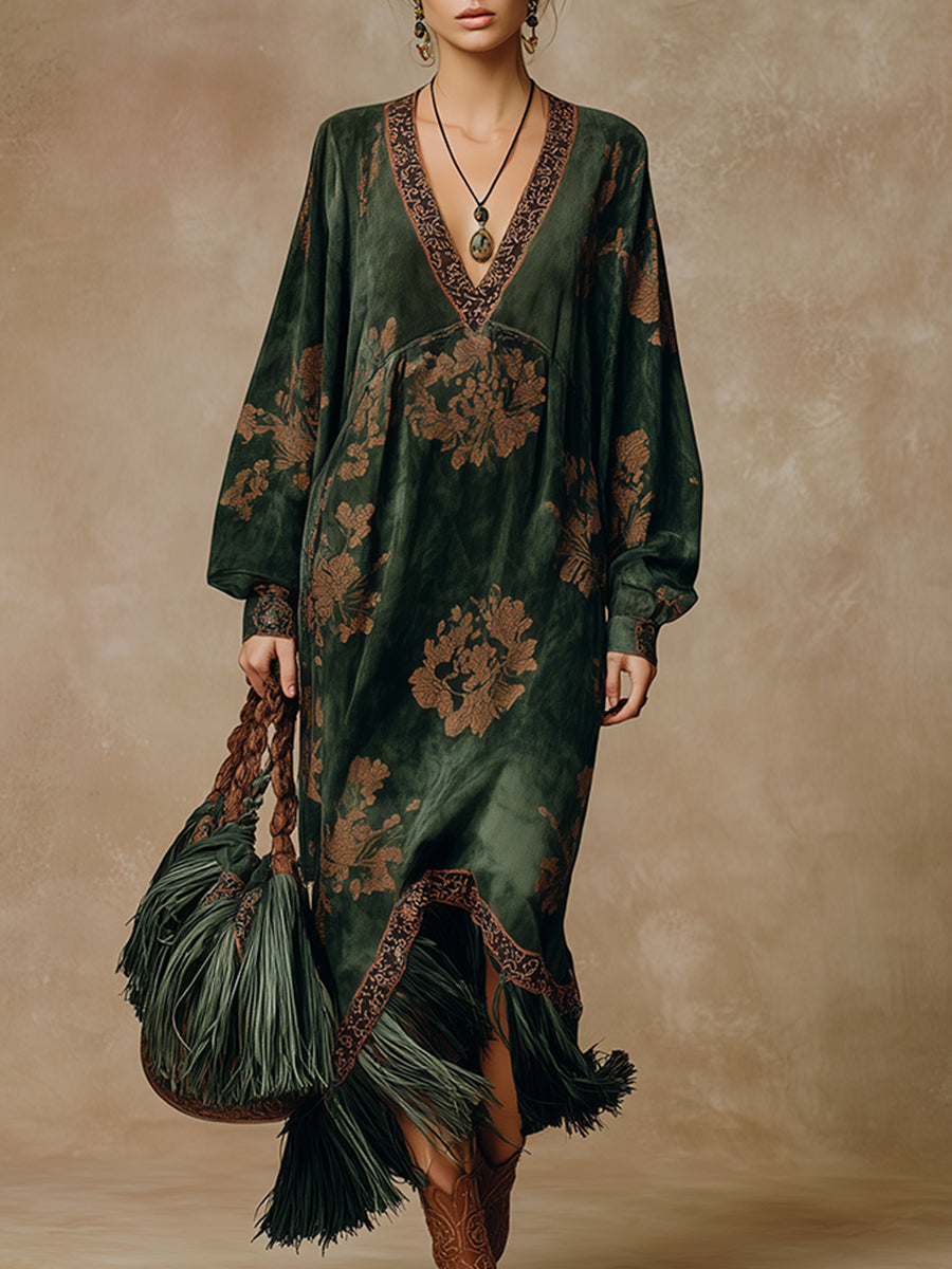 long sleeve green suede dress Retro Western Style