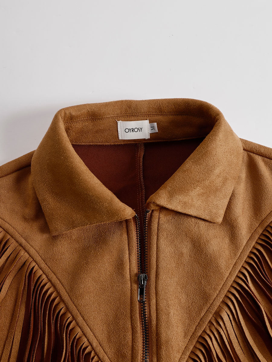 Western Retro Light Brown Faux Suede Zipper Tassel Long-Sleeved Jumpsuit