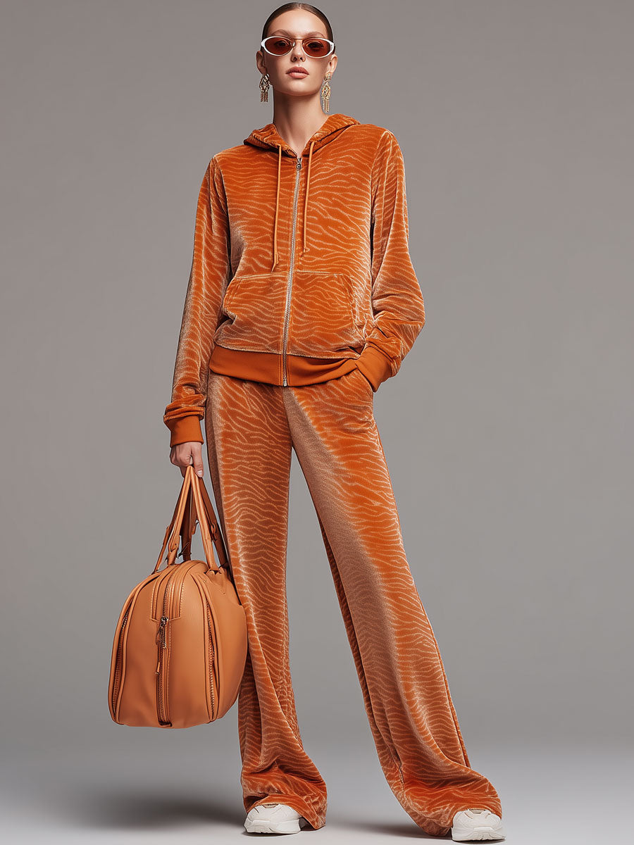 Sporty Retro Orange Zebra Print Velvet Hooded Sweatshirt And Wide-Leg Pants Set
