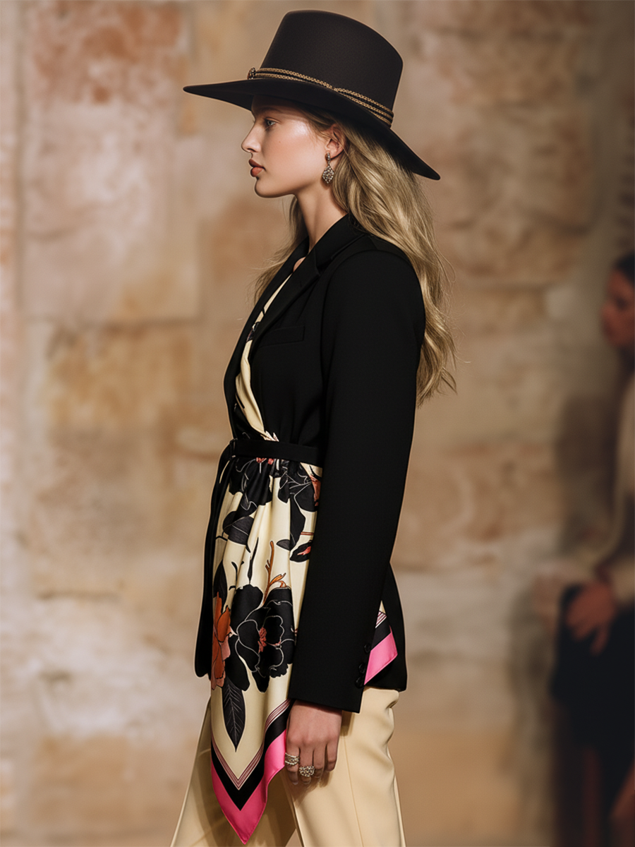 Trendy Western-style Detachable Printed Silk Scarf Black Blazer