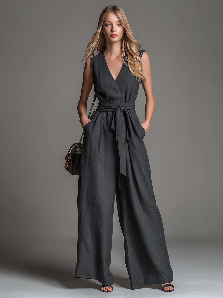 Elegant And Stylish V-neck Sleeveless Belted Wide-leg Jumpsuit