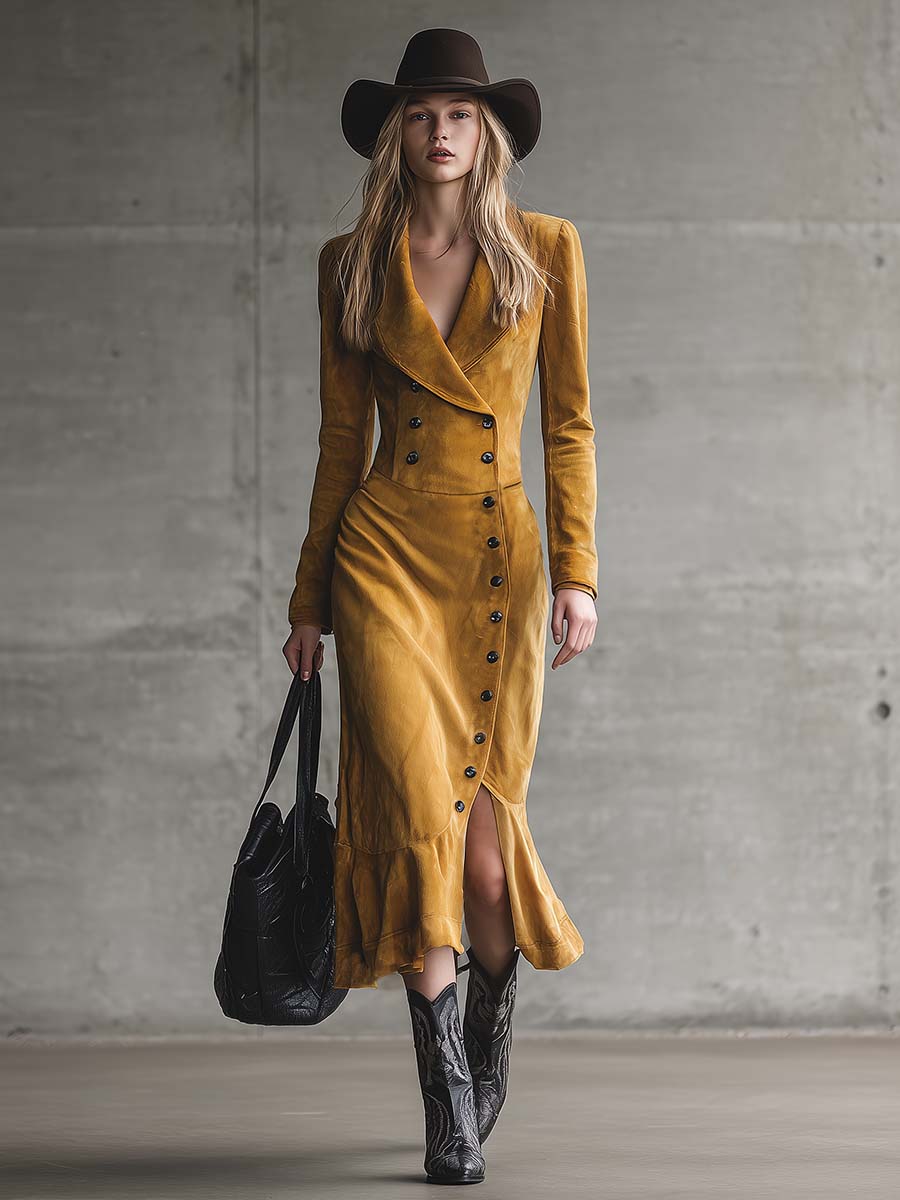 Elegant Retro Western V-neck Diagonal Front Button Slit Yellow Suede Midi Dress