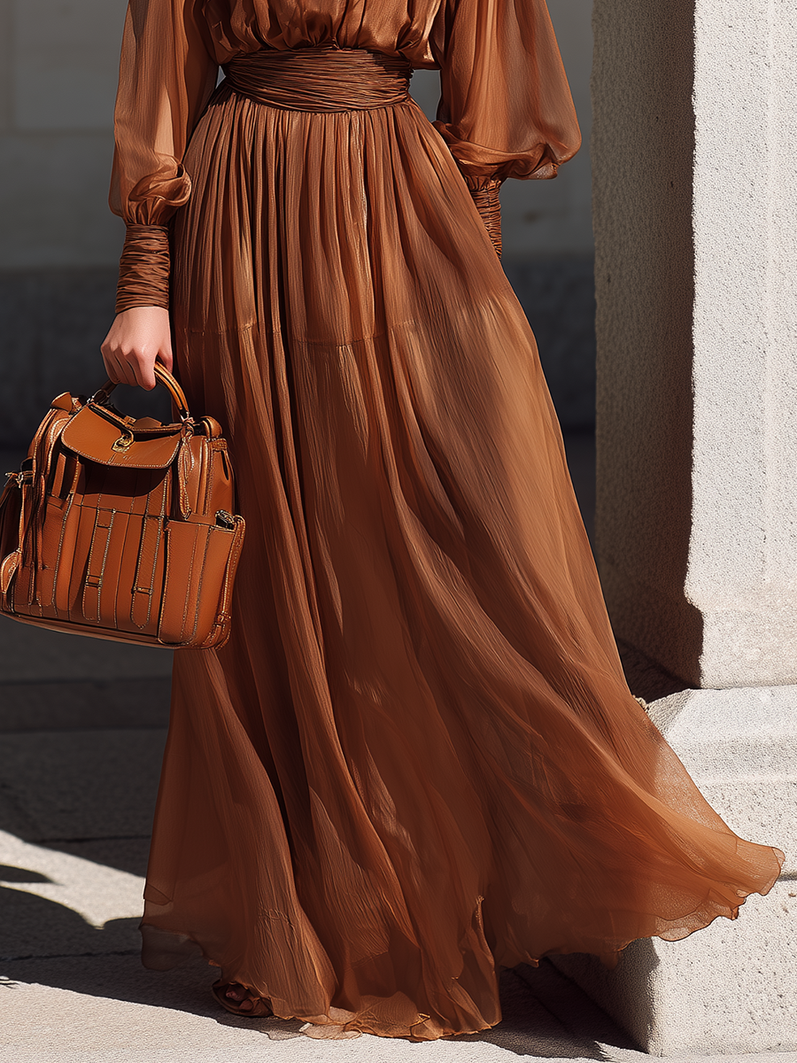 Elegant Stylish Stand-up Collar Lantern Sleeve Chiffon Maxi Dress