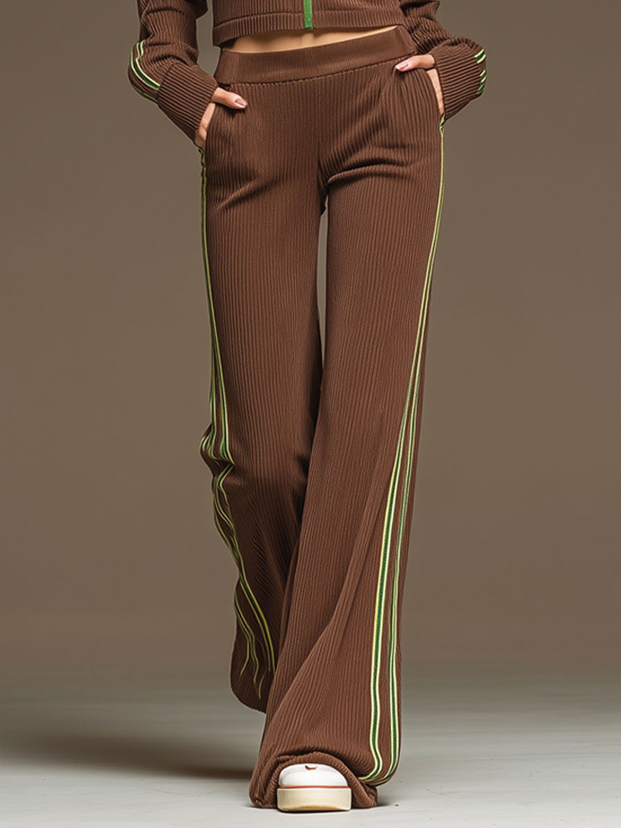 Sporty Retro Green Ribbon Brown Knit Top And Wide-leg Pants Set