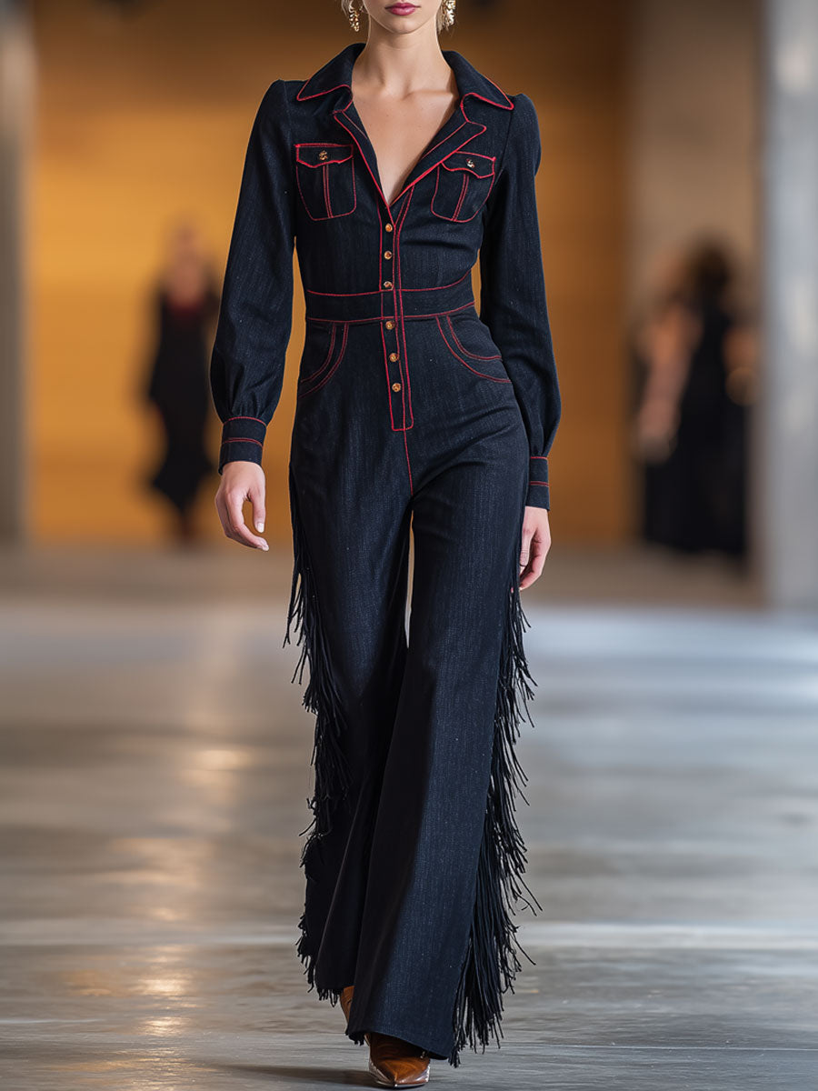 Western Wear | Oyrosy Topstitched Navy Denim Tassel Jumpsuit – OYROSY