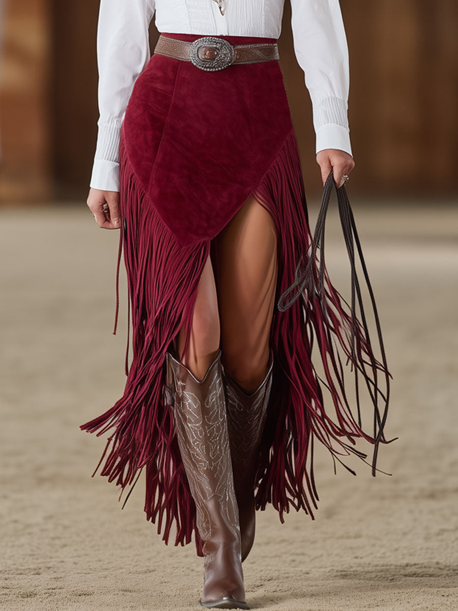 Western Retro Red Faux Suede Slit Fringe Midi Skirt