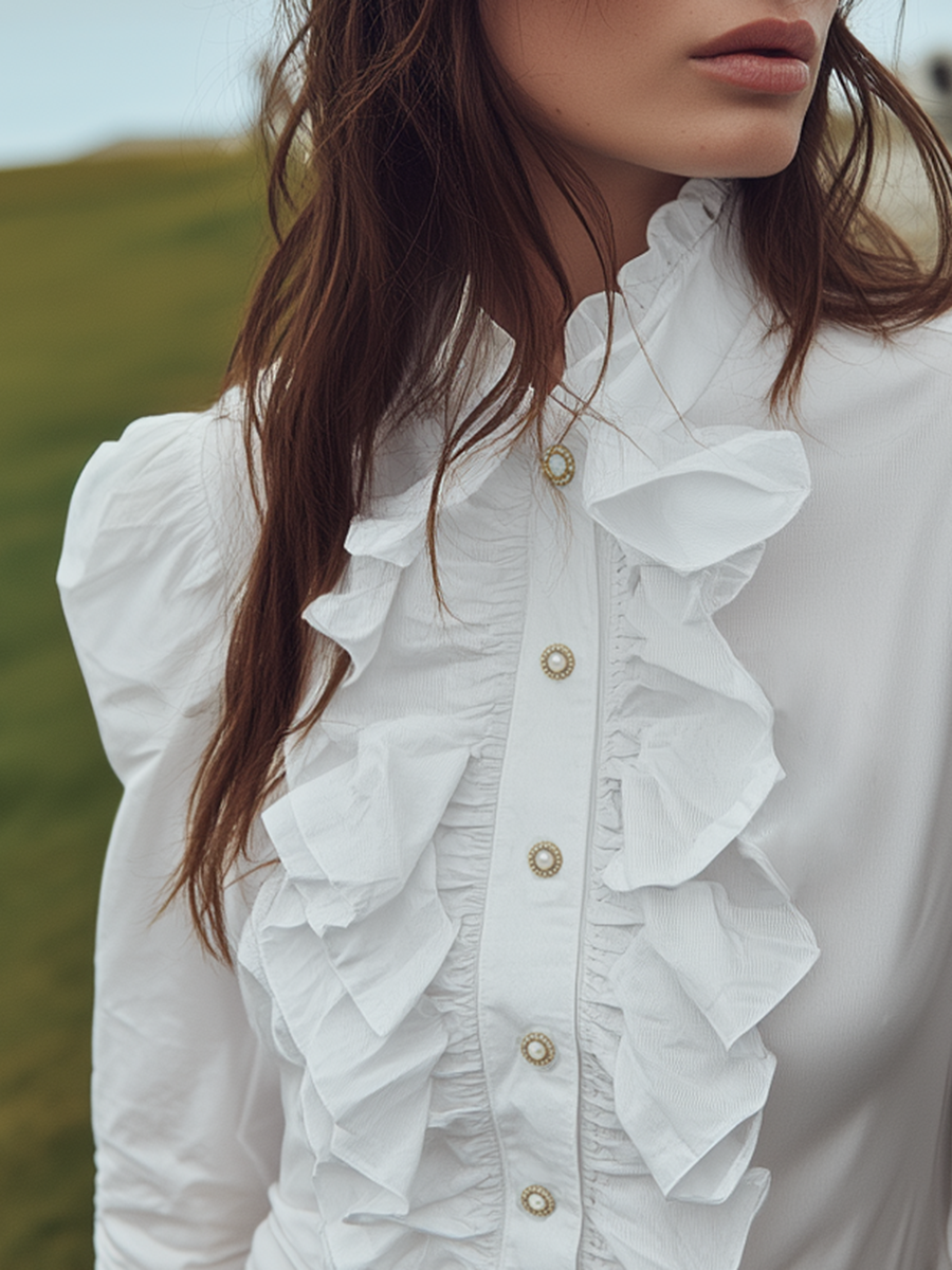 Romantic Bohemian Style Pearl Buttons Ruffled White Shirt