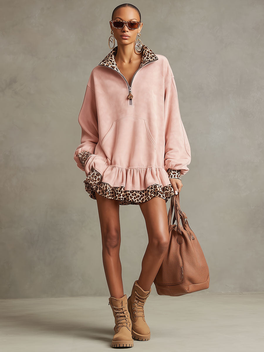 Sporty Retro Leopard Print Ruffled Half-zip Pink Long-sleeved Mini Dress
