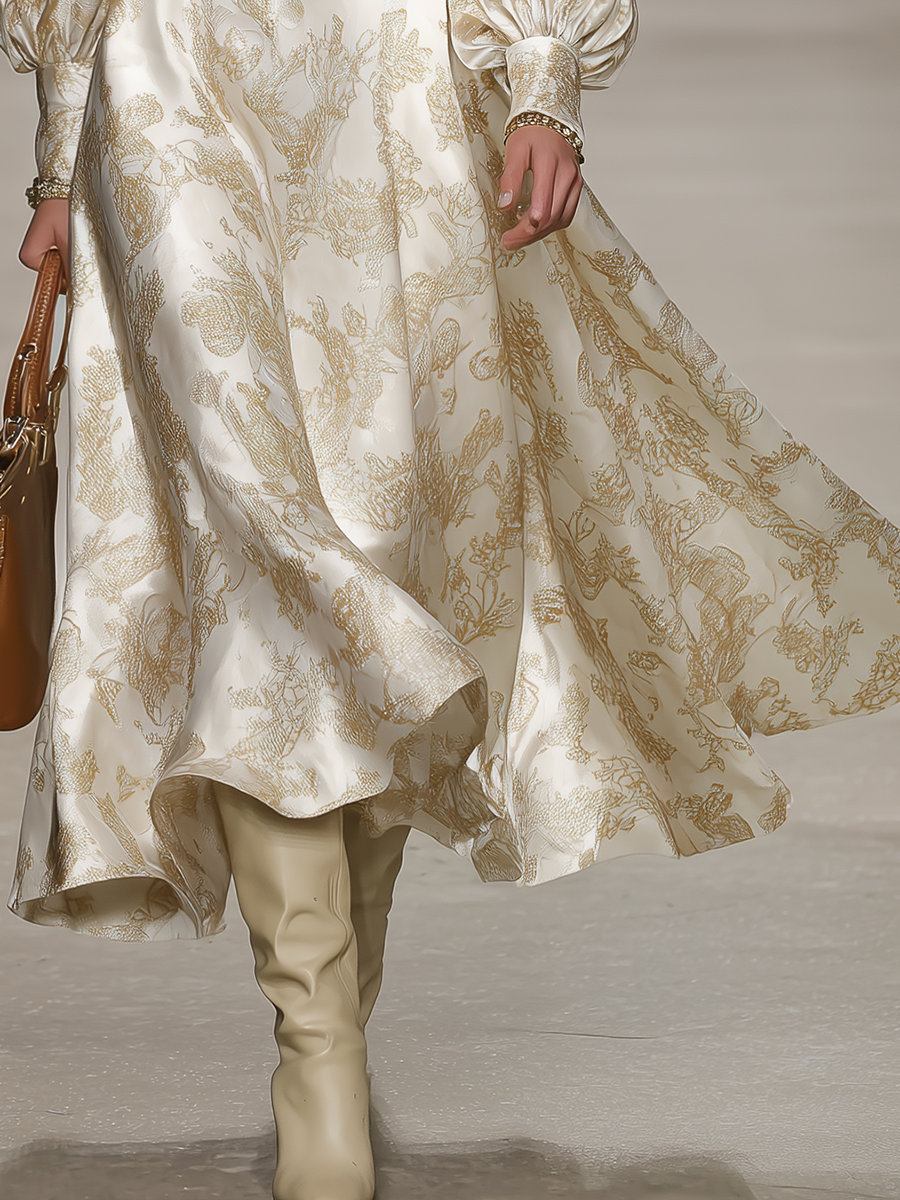 Stylish Elegant V-neck Lantern Sleeve Satin Midi Dress