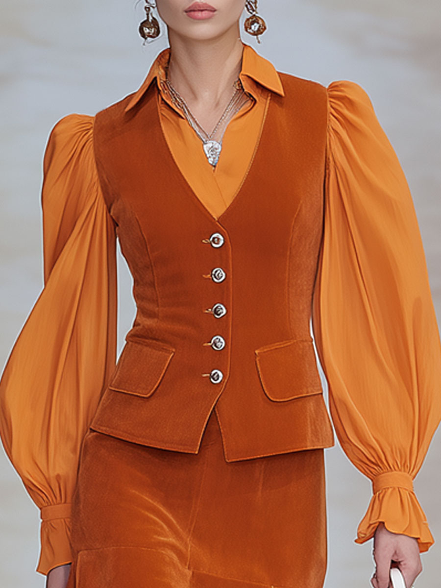 Fashionable Retro Long-sleeved Chiffon Orange Velvet Shirt And Skirt Set