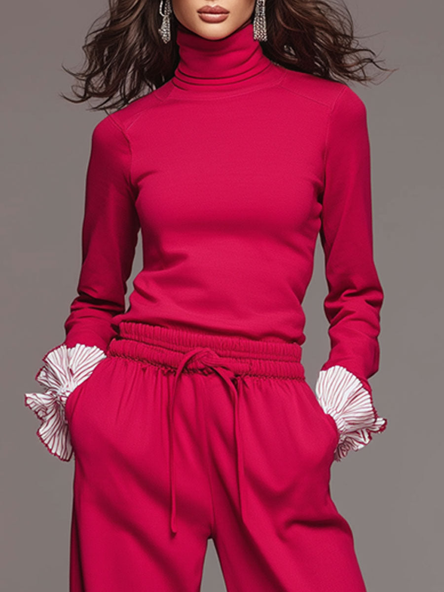 Fashionable Sporty Striped Ruffled Red Turtleneck Top And Wide-leg Pants Set