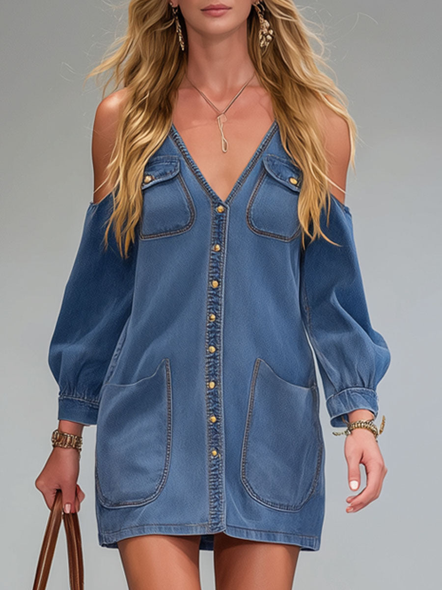 V-neck Multi-pocket Off-the-shoulder Denim Mini Dress
