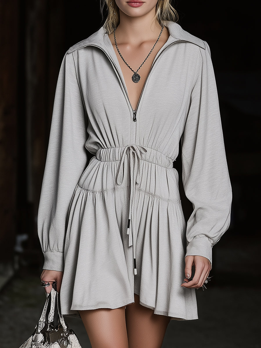 Classic Grey Sweatshirt-style With Drawstring Waist And Long Sleeves Mini Dress