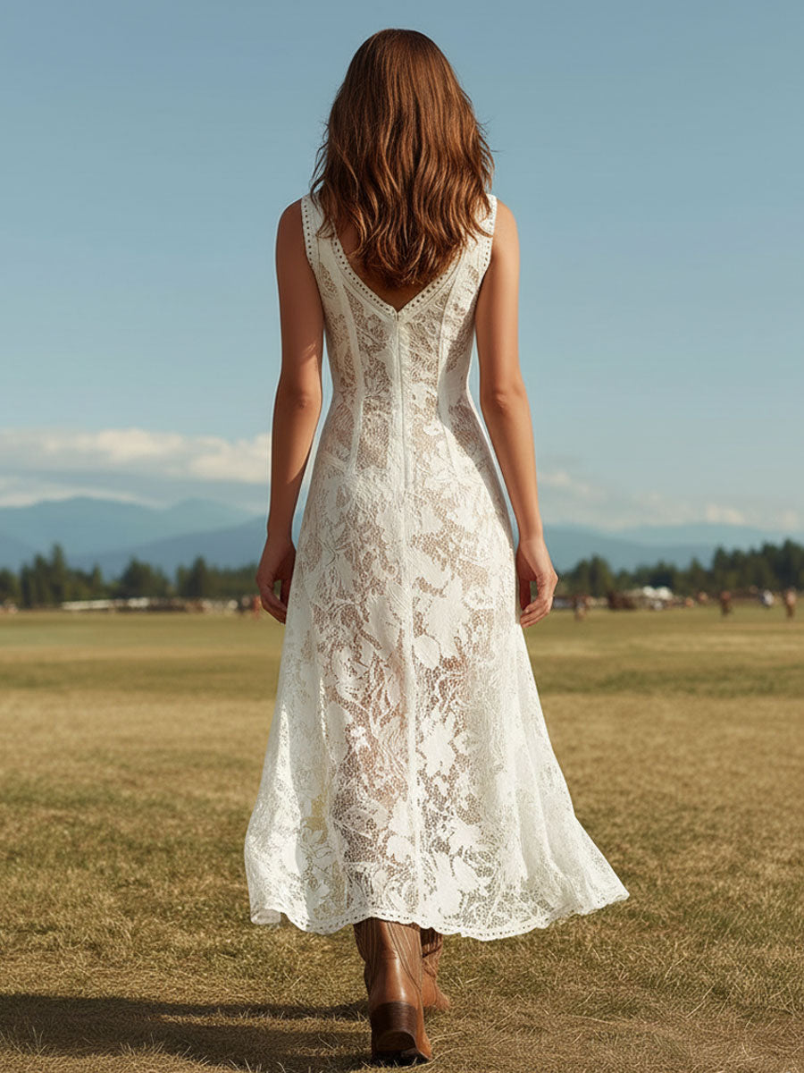 Western Retro White Lace Sleeveless Slit Maxi Dress