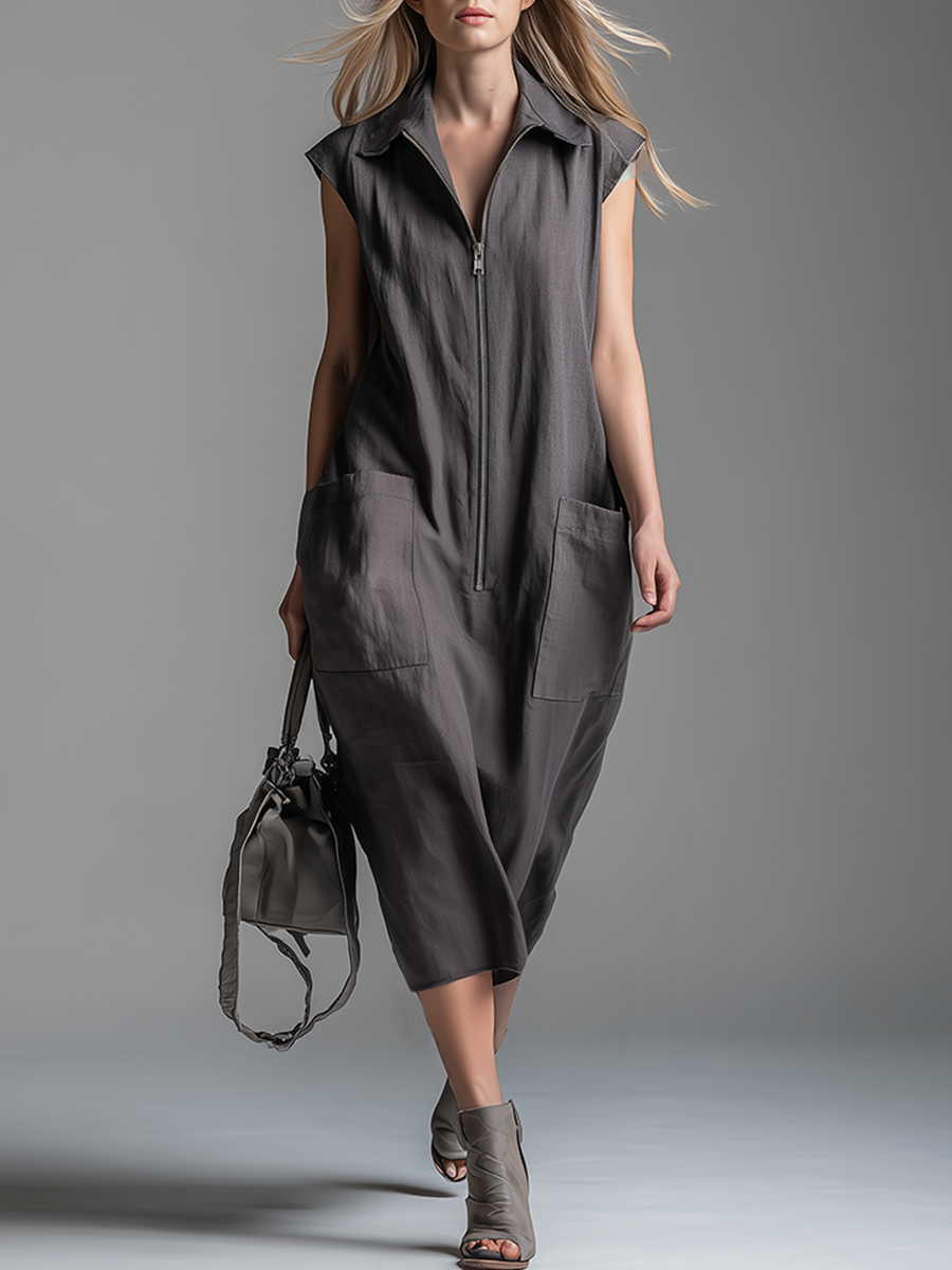 Casual Relaxed Loose-fitting Collared Zipper Sleeveless Midi Dress