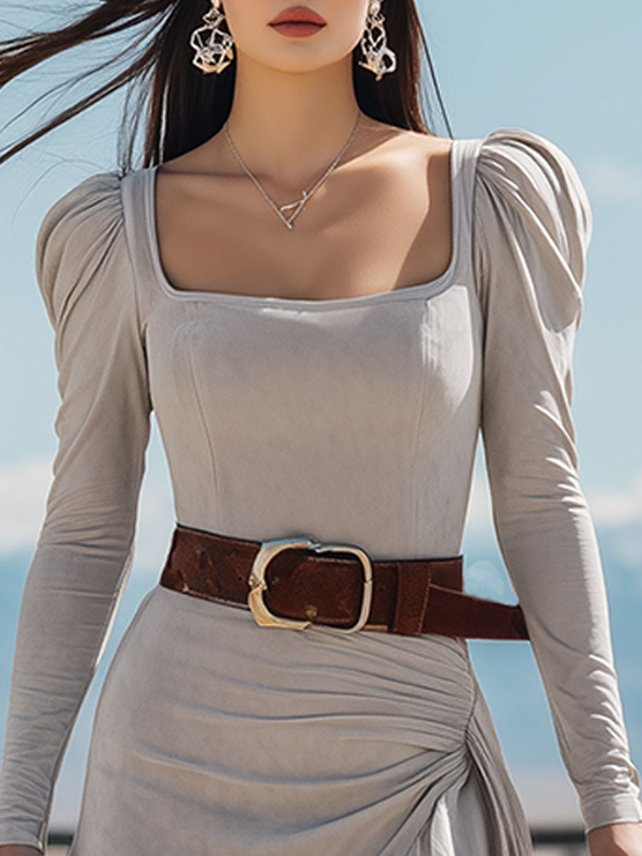 Western-style Vintage Chiffon And Gray Faux Suede Midi Dress