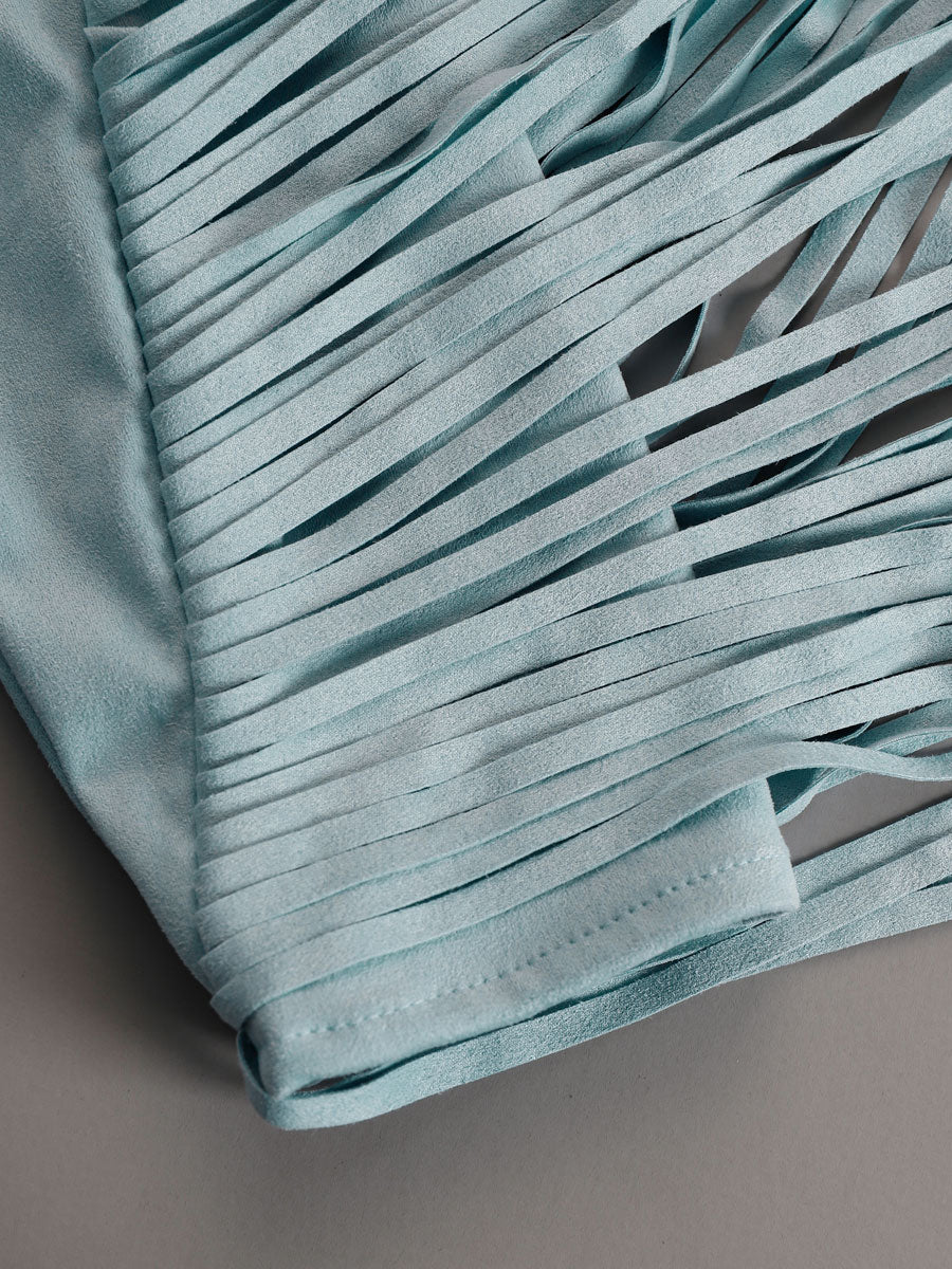 Western Retro Red Embroidered Blue Faux Suede Long-Sleeved Tassel Mini Dress