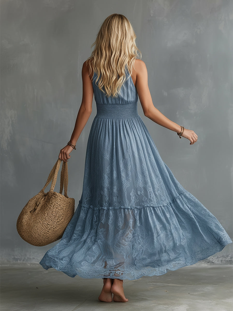 Elegant And Flowing Blue Lace Sleeveless Maxi Dress