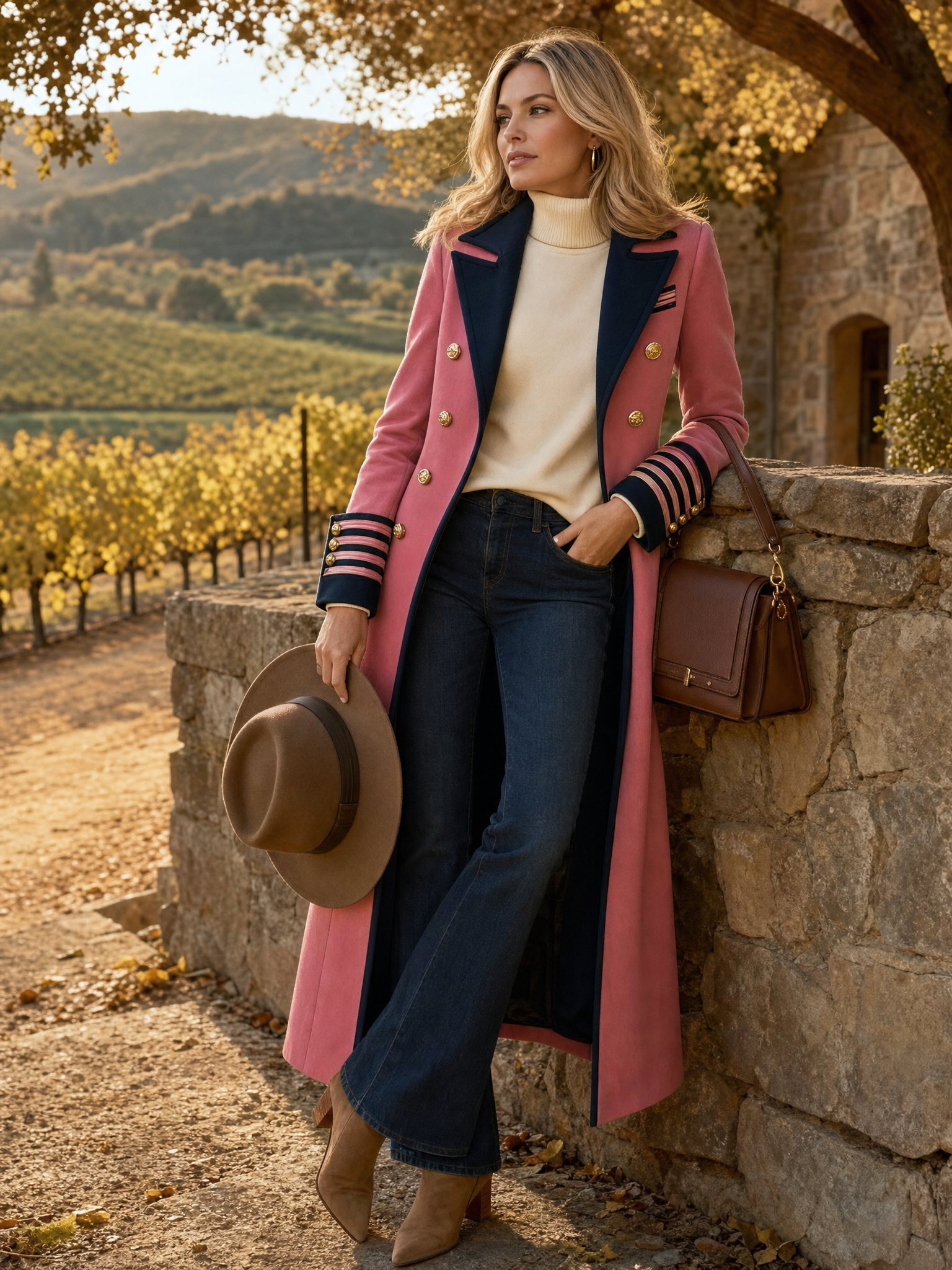 Elegant And Classic Lapel Collar Double-breasted Contrast Detailing Long Tweed Coat