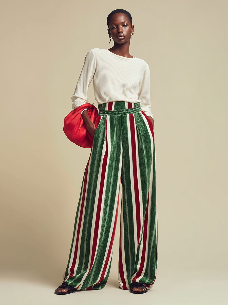 Retro Loose-fitting Red And Green Striped Chenille Wide-leg Pants