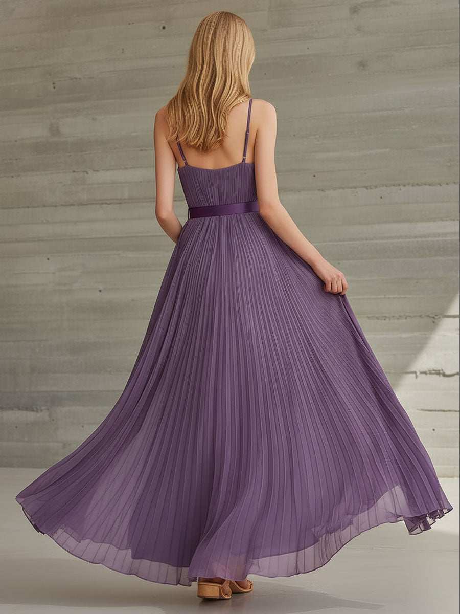 Stylish Vacation Party Retro Purple Chiffon Pleated V-neck Maxi Dress