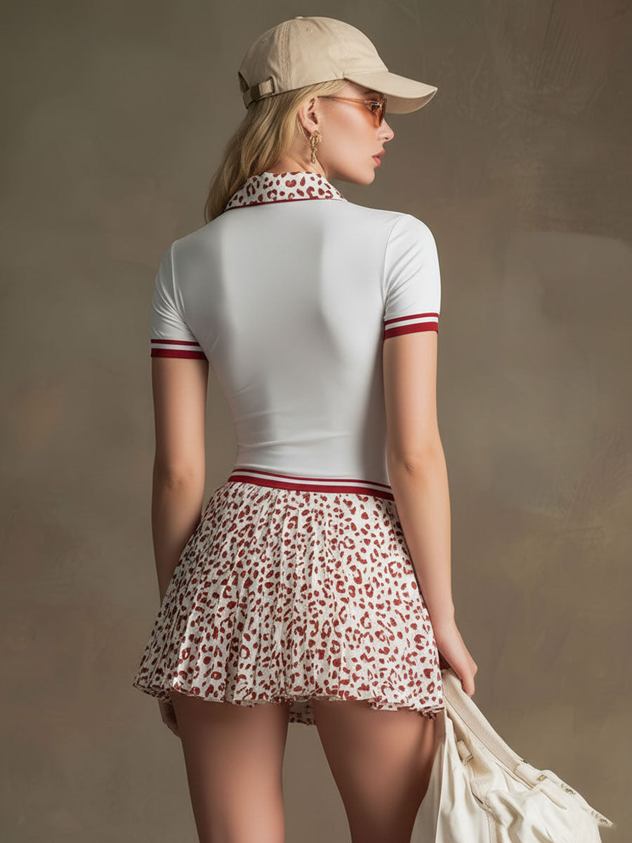 Sporty Retro White Lycra Pleated Leopard Print Chiffon Skirt Set