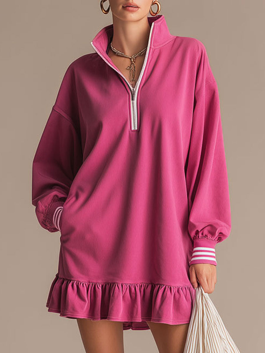 Sporty Retro Pink Cotton Half-Zip Ruffle Sweatshirt Mini Dress