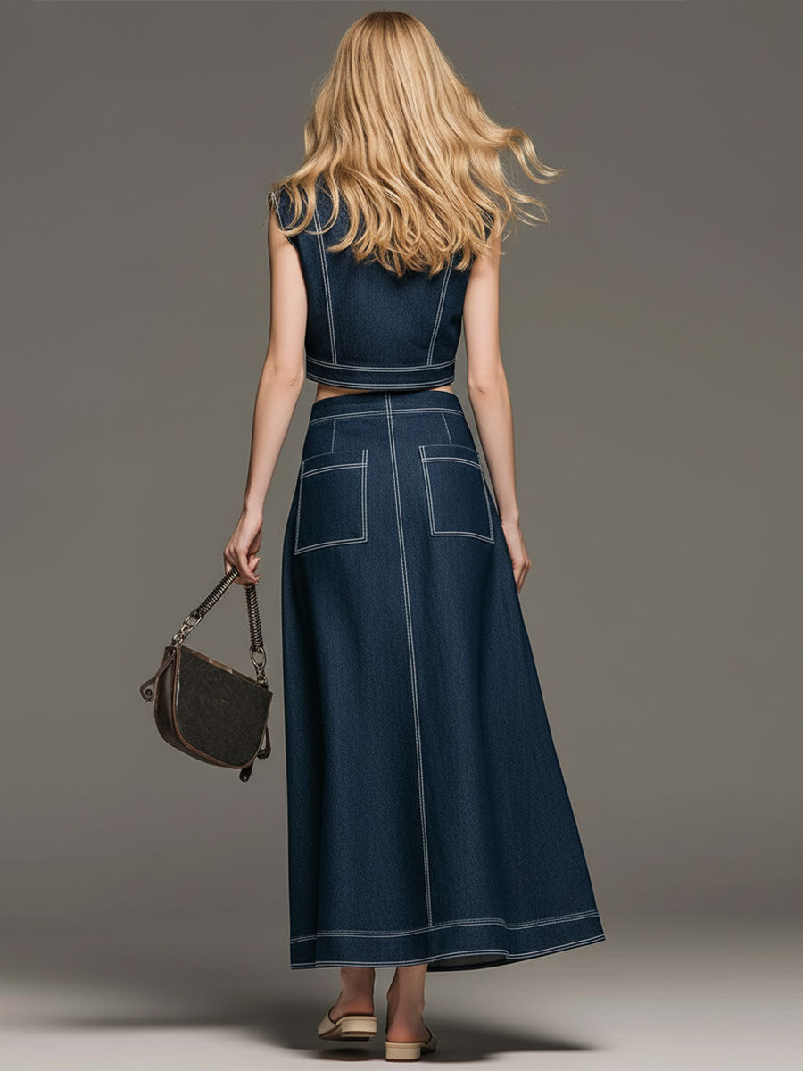 Fashionable Retro Blue Washed Denim Sleeveless Top And Skirt Set