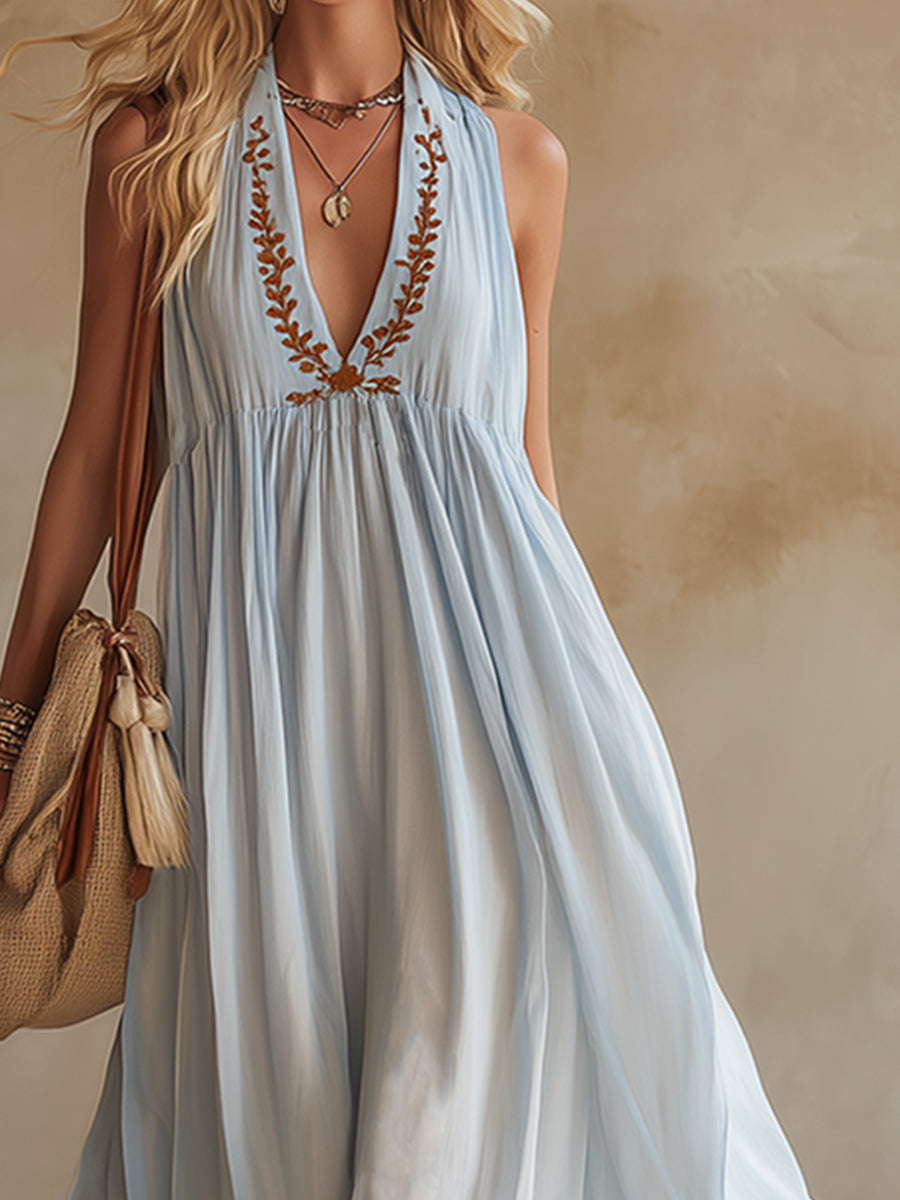 Bohemian-style Exquisite Embroidered Light Blue Chiffon Sleeveless Maxi Dress